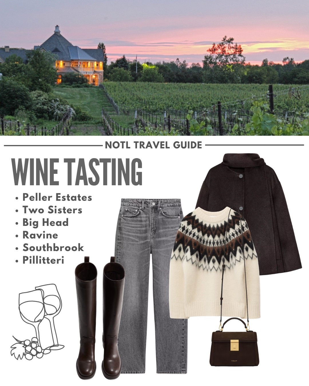 What to wear wine tasting in the fall 🍷🍁

Tags: Niagara-on-the-lake travel guide, wine tour outfit, winery travel ideas, fair isle knit sweater, new in Zara scarf coat, brown suede DeMellier bag, espresso brown knee boots, autumn walk, countryside outfit, fall riding boots, grey jeans 

#LTKSeasonal #LTKShoeCrush #LTKTravel