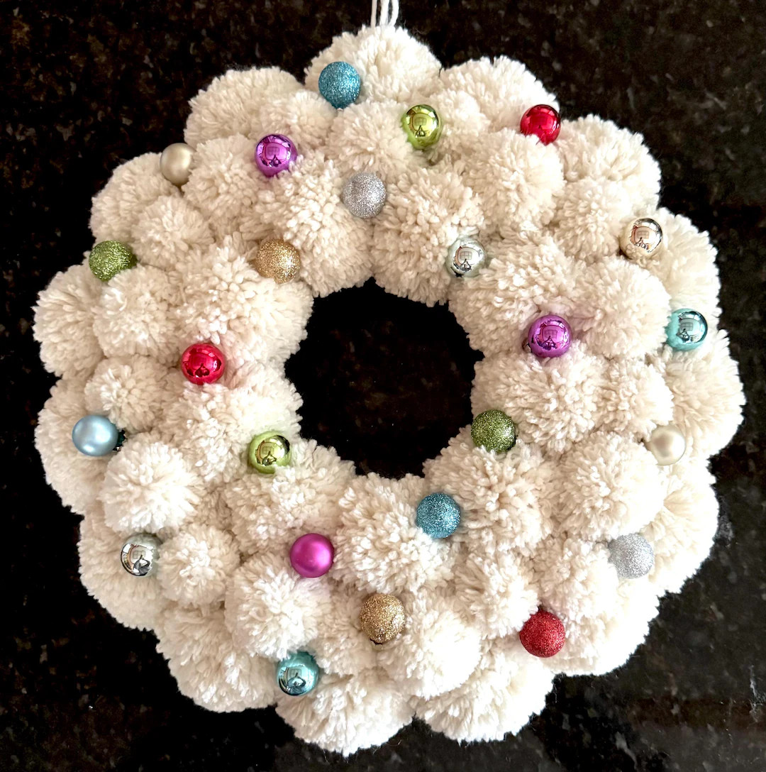 Off White Christmas Pom Pom Wreath, Colored Glass Ornament Wall Art, Holiday Yarn Decor - Etsy | Etsy (US)