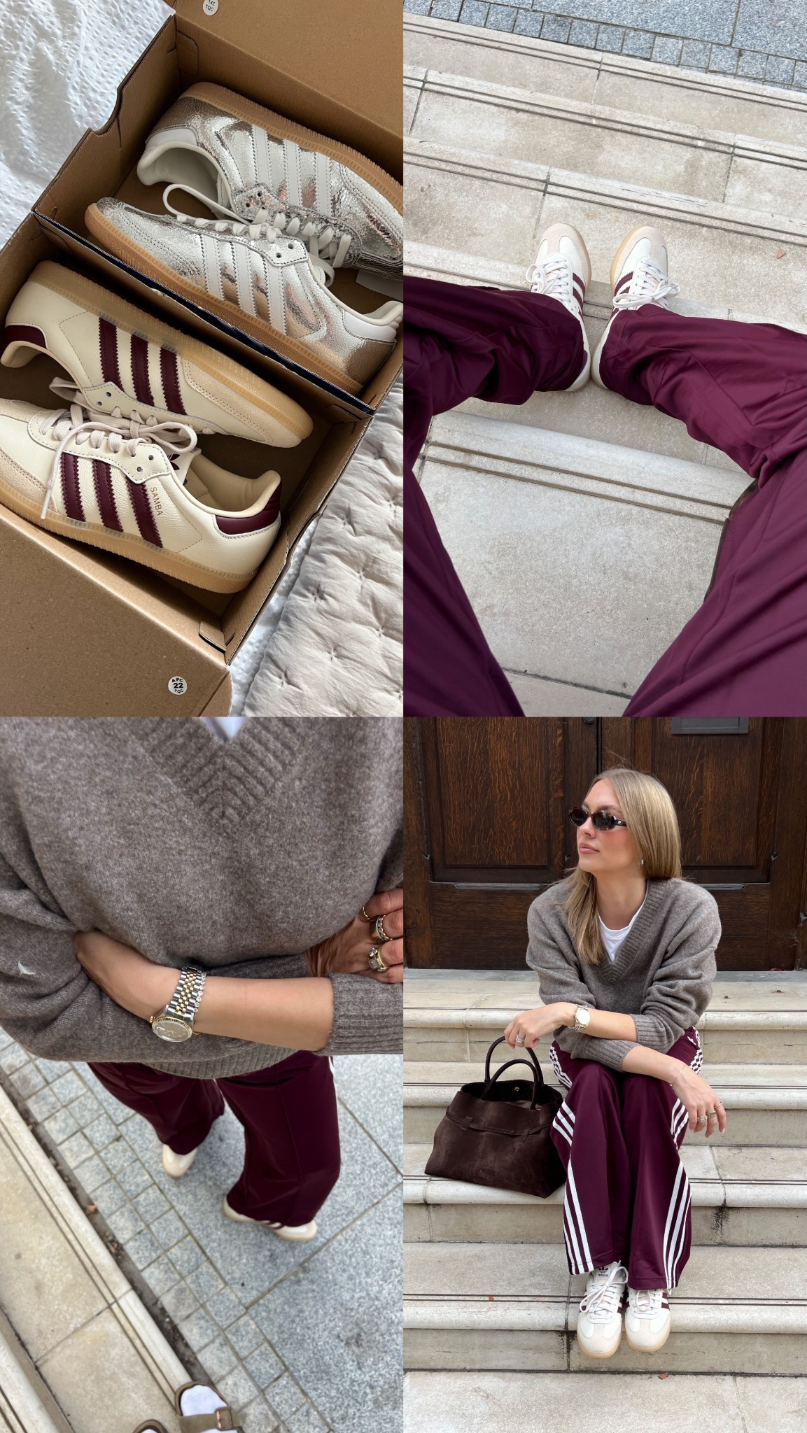 You can’t beat the original adidas sambas imo! Also obsessed with a comfy tracksuit bottom and knitwear on down days. I wear a medium in these 
