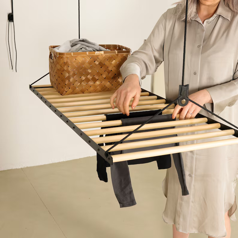 Laundry Drying Rack, Ceiling Mounted Clothes Drying Rack, Laundry Hanging Rack, Laundry Rack Wood... | Etsy (US)