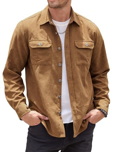 PLEPAN Mens Corduroy Shirt Jacket Long Sleeve Casual Button-Down Lightweight Shacket with Flap Pockets, Brown, S | Amazon (US)