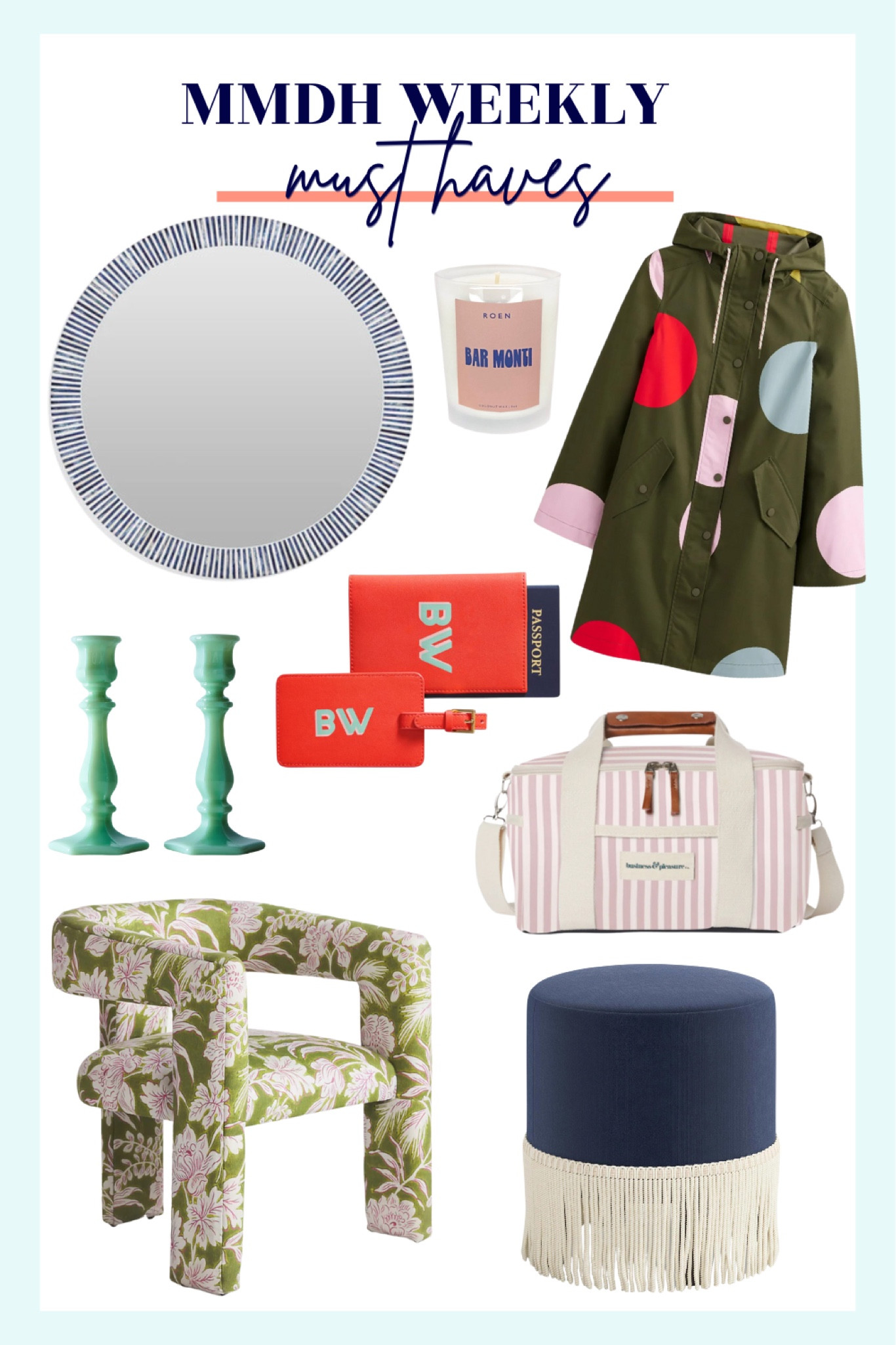 We're totally vibing with spring and our must-haves are here to prove it! I'm all about the colorful home decor, those preppy accents, and definitely embracing some maximalist vibes. Check out these trendy essentials: decorative wall mirrors, spring raincoats, colorful candle-holders, travel must-haves, a picnic-ready cooler bag, patterned chairs, and decorative ottomans. Follow us on Instagram @mmdh.studio! #LTKGiftGuide #LTKhome #LTKstyletip

#LTKhome #LTKSeasonal