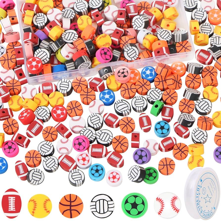 300 Pcs Sports Ball Beads for Jewelry Making, Sports Polymer Clay Beads Bulk with Box, 10mm Baseb... | Amazon (US)