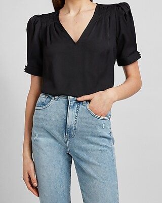 Pleated Puff Sleeve V-Neck Top | Express