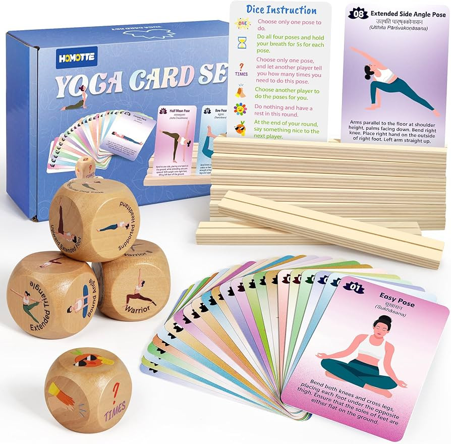 Yoga Cards and Wooden Yoga Dice Set for Beginners, Kids Yoga Accessories Pose Workout Kit with 4 ... | Amazon (US)