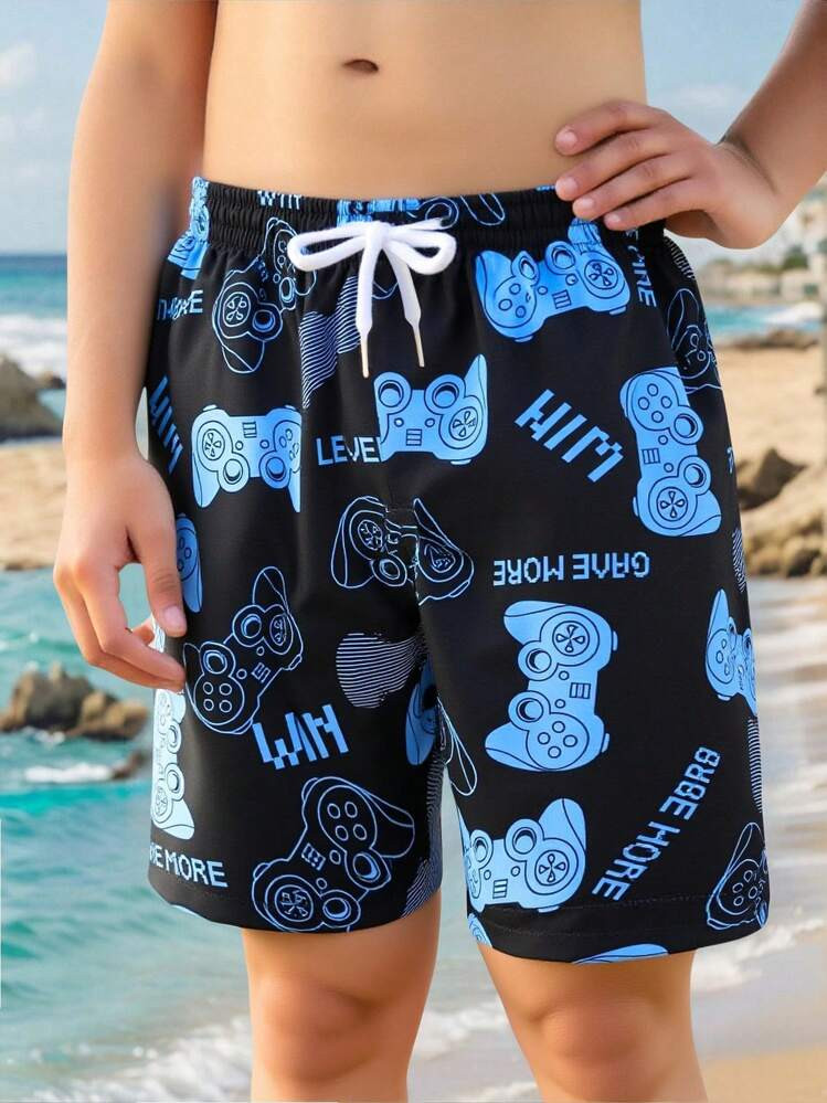 Tween Boy Gamepad Print Drawstring Waist Swim Shorts Tween Boys (8-14 Years) Gaming Controller Print Beach Shorts Quick Dry Swim Trunks With Drawstring Elastic Waist "Game More" Graphic Swimwear For Beach Poolboys' Swimsuit Set | SHEIN