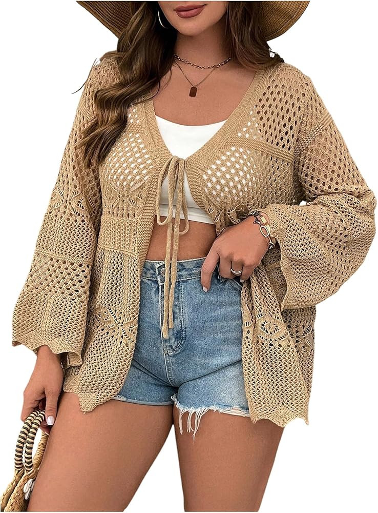 Verdusa Women's Plus Size Cardigan Bow Tie Hollow Out Cardigans Sweaters Sheer Crochet Knit Outwe... | Amazon (US)