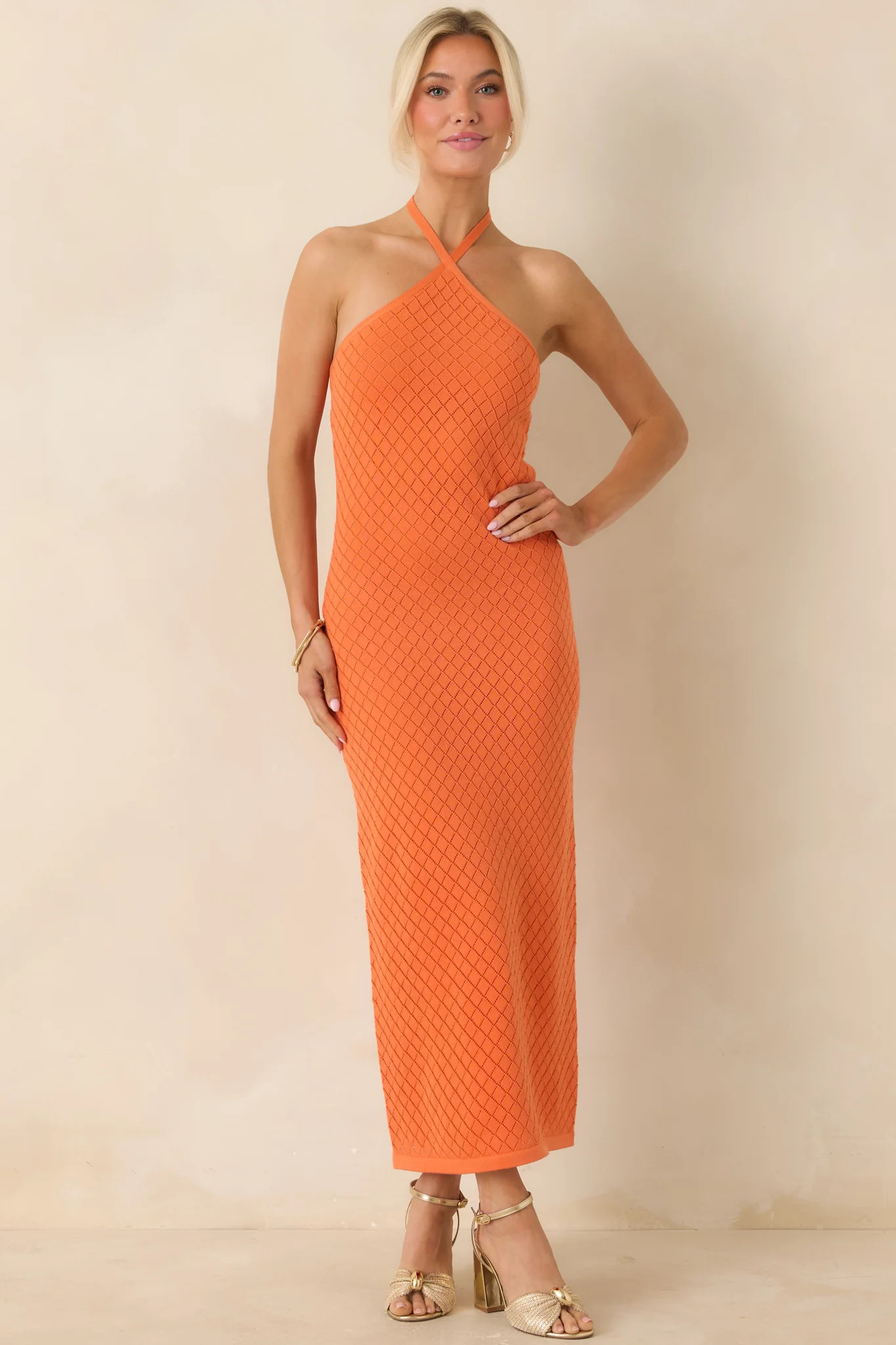 Causing a Heatwave Orange Textured Diamond Knit Halter Midi Dress | Red Dress