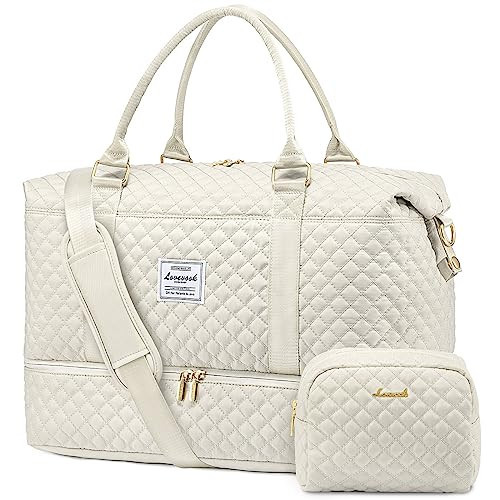 LOVEVOOK Travel Duffle Bag, Weekender Bags for Women with Shoe Compartment, Carry on Overnight Bag with Toiletry Bag, Gym Duffel Bag with Wet Pocket, Hospital Bags for Labor and Delivery, Beige | Amazon (US)