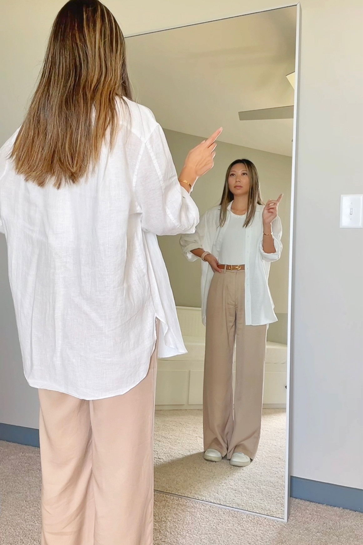 Summer to fall transitional outfit // White oversized linen shirt - Zara, White ribbed tank top - AYR, Beige wide leg pants - Abercrombie, Brown belt - Hermès, White sneakers - Nike // summer style, fall outfit, neutral outfit

#LTKunder100 #LTKstyletip #LTKSeasonal
