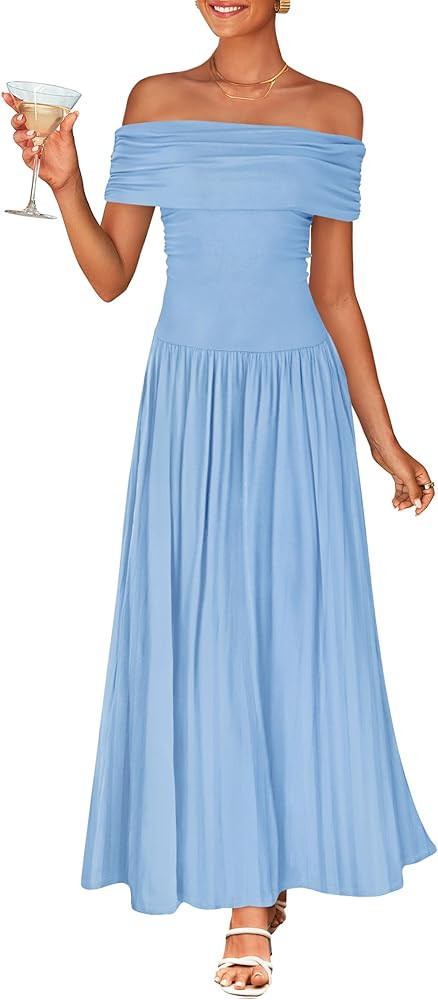 ZESICA Women's Off The Shoulder Maxi Dress 2025 Summer Sleeveless Casual Slim Swing Pleated Forma... | Amazon (US)