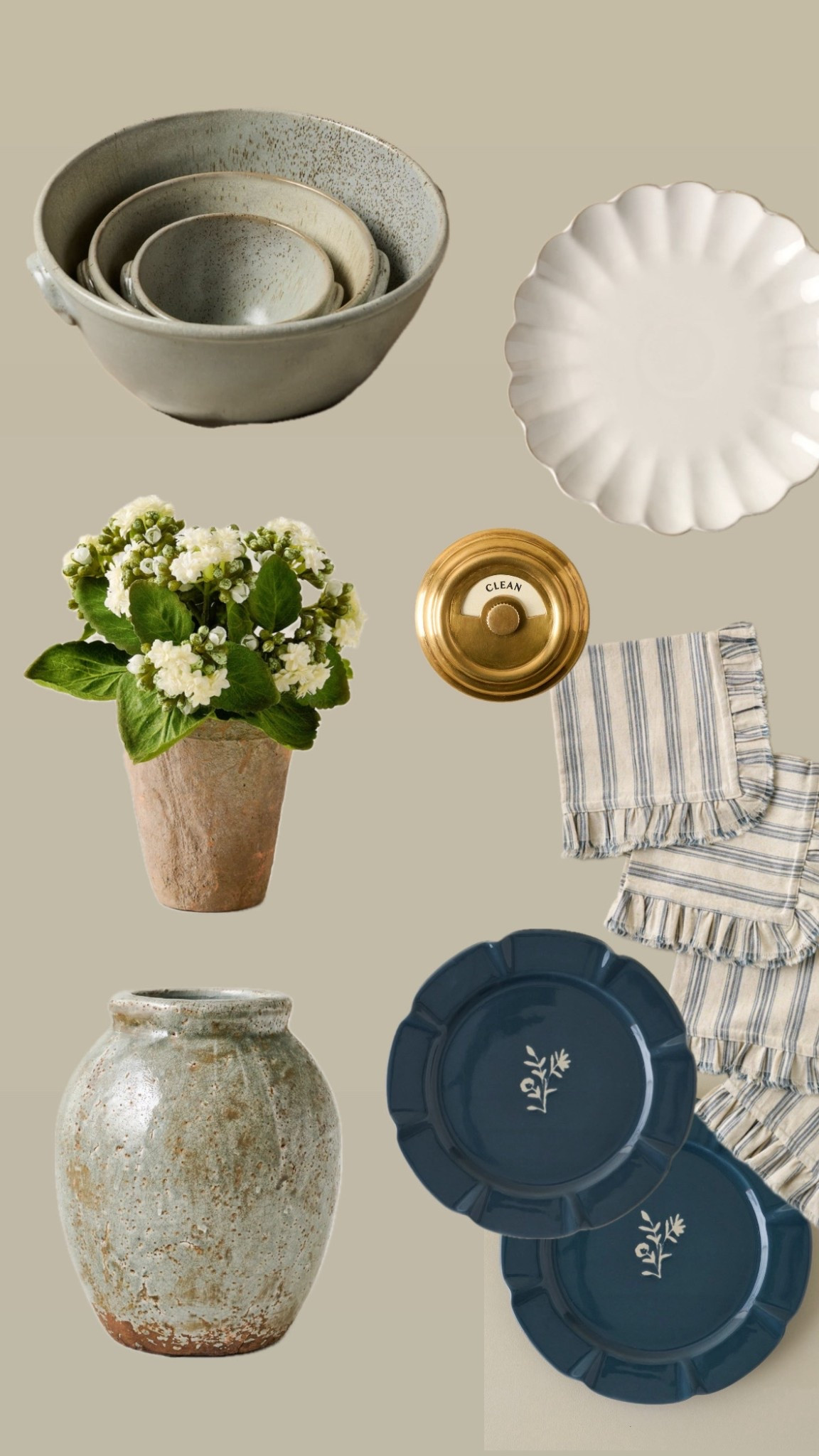 Spring home decor finds: textured vase, faux flowers, scalloped dinner plates, flower print blue salad plates, striped ruffle napkins, brass dishwasher sign, French mixing bowls 