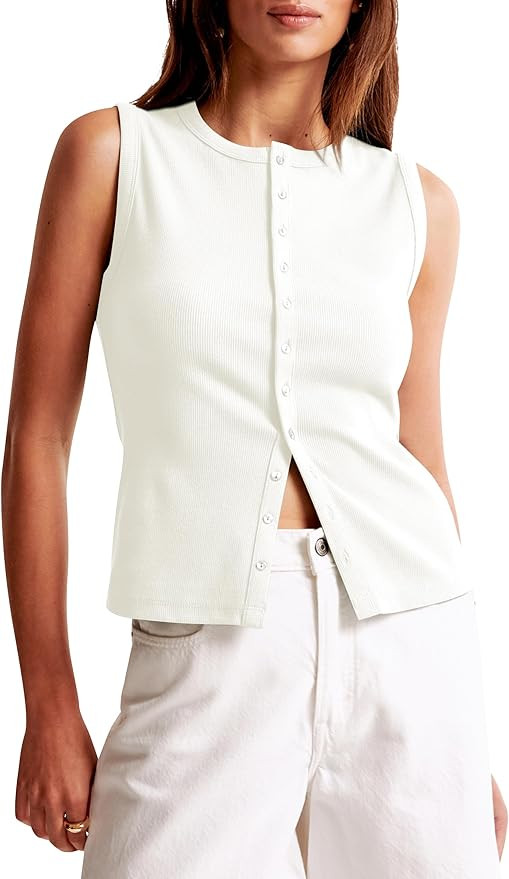 Cioatin Women Ribbed Button Down Tank Tops Sleeveless Crew Neck Slim Fit Open Front Crop Vest Goi... | Amazon (US)