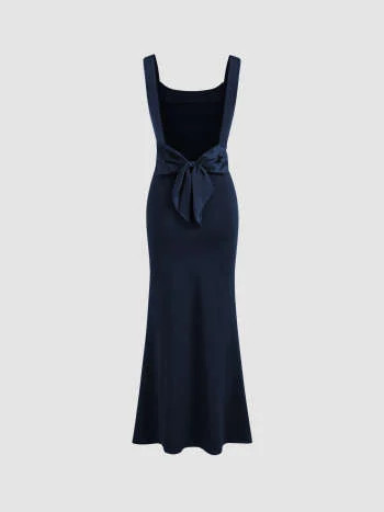Scoop Neckline Solid Bowknot Backless Maxi Dress | Cider