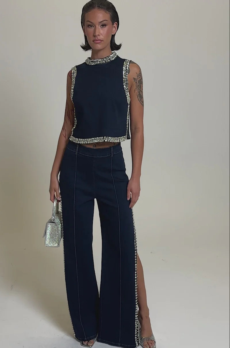 POPPIN OUT RHINESTONE DENIM BLOUSE IN DARK WASH DENIM | AKIRA