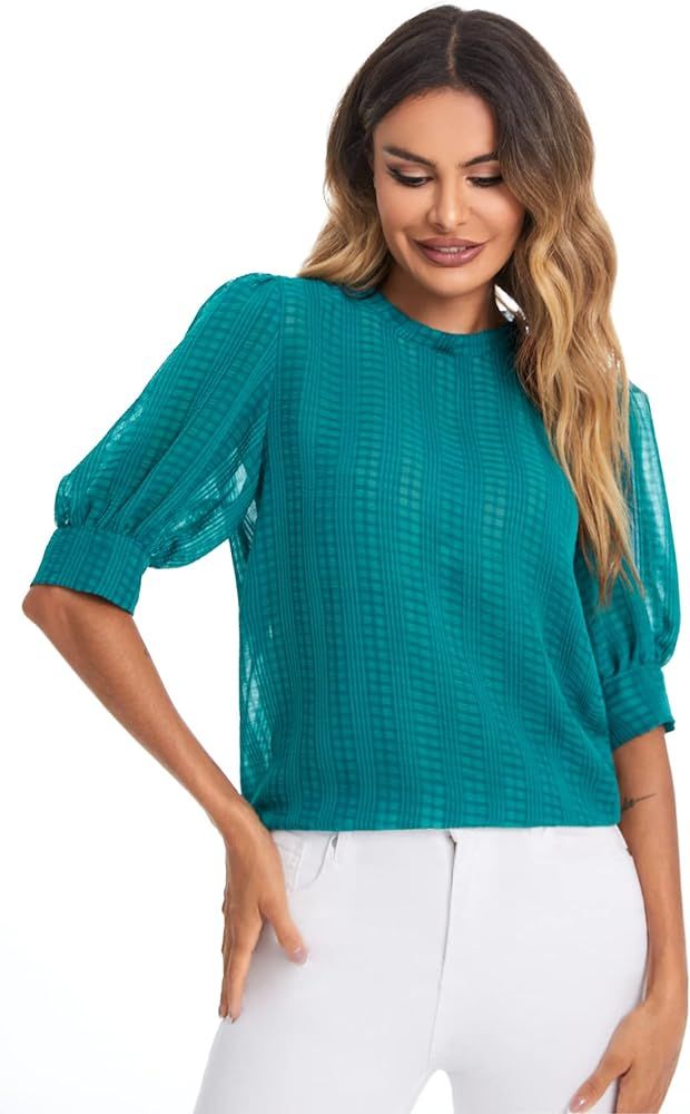 SheIn Women's Grid Office Blouse Work Top Puff Sleeve Shirt Blouses | Amazon (US)