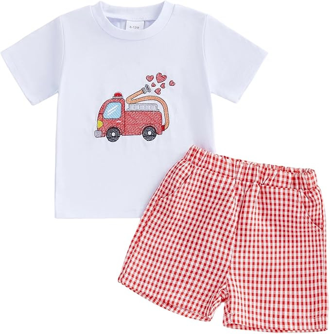 Toddler Baby Boy Clothes Summer Animal Embroidery Smocked Short Sleeve T-Shirt + Gingham Shorts S... | Amazon (US)