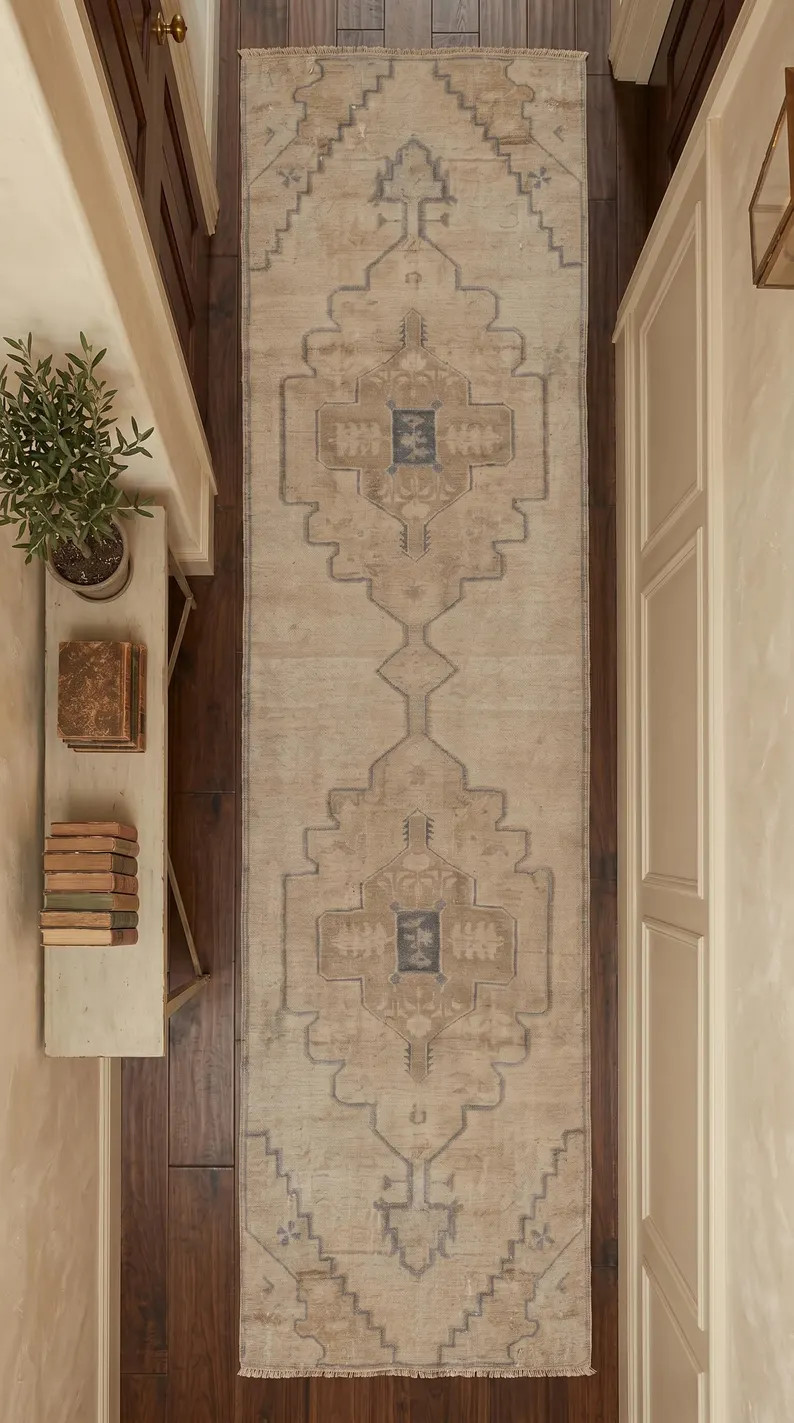 Handmade Neutral Wool Runner Rug Beige Geometric Hallway Rug Custom Size Available | Etsy (Global)