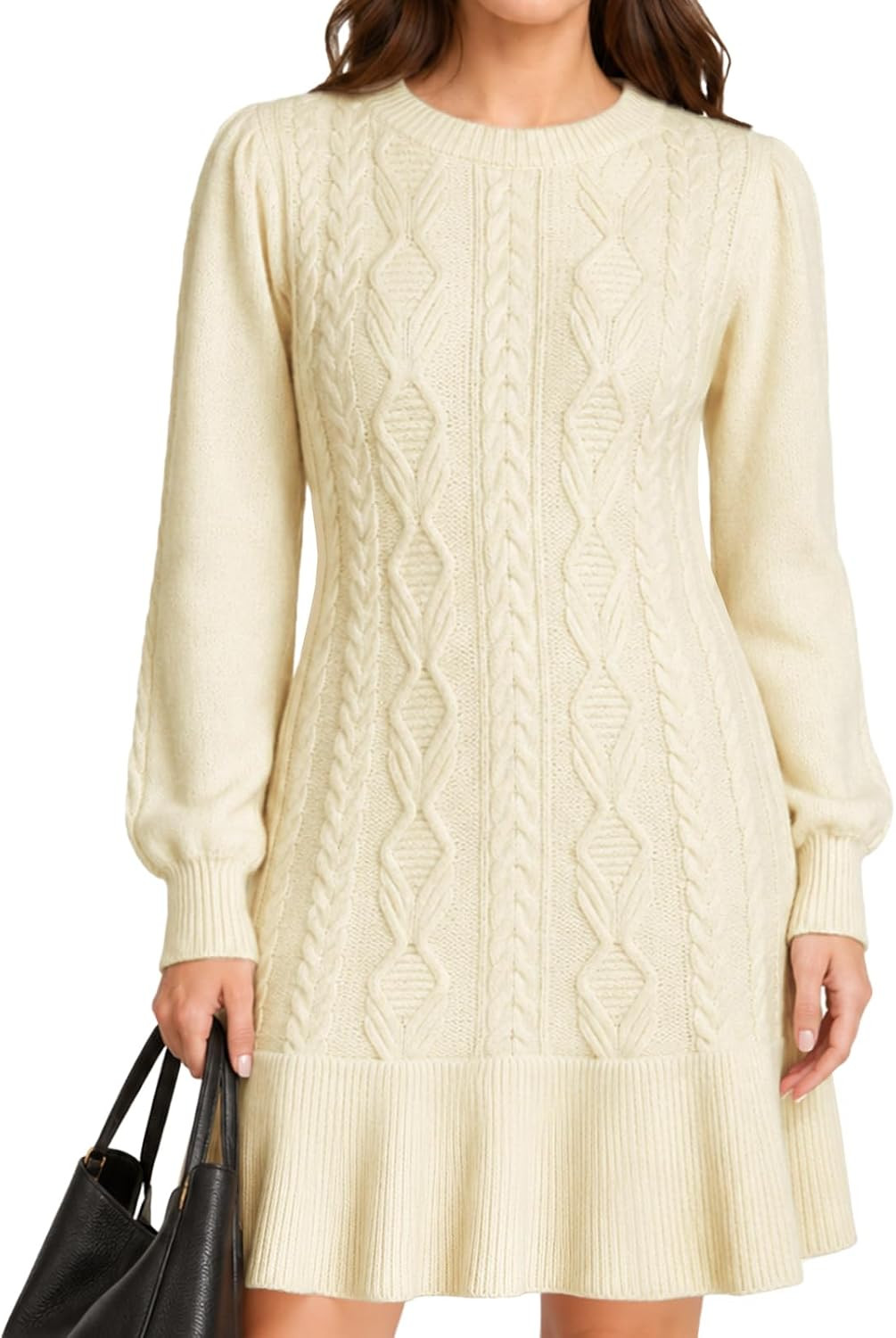 VIMPUNEC Women Cable Knit Sweater Dress Puff Sleeve Mini Dress | Amazon (US)