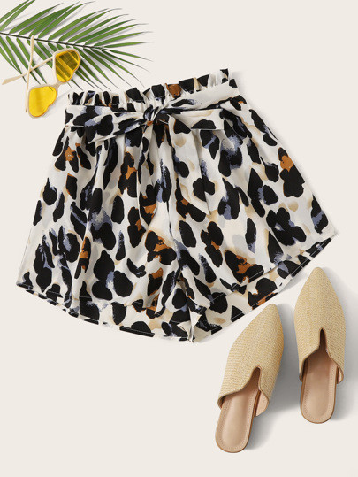 Belted Leopard Print Paperbag Shorts | SHEIN