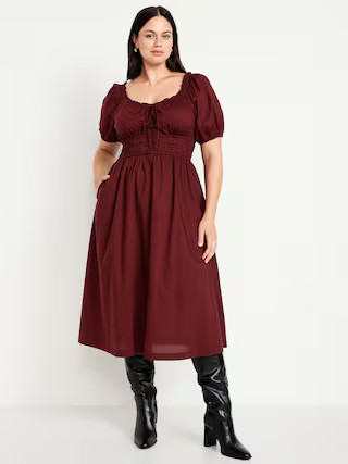Fit & Flare Puff-Sleeve Midi Dress | Old Navy (US)