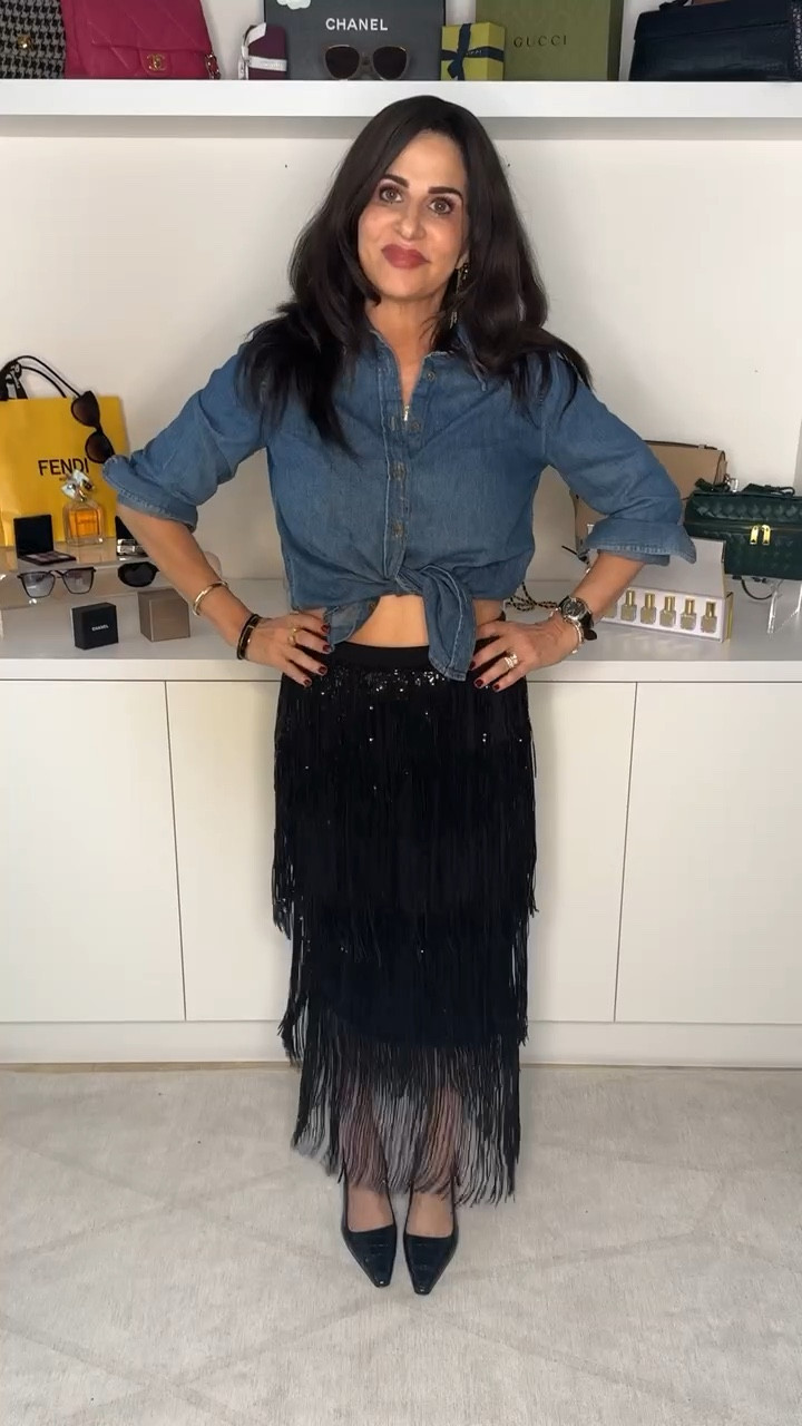 Holiday inspo, great for casual events, GNO. Sequin skirt sm, denim top sm, heels tts. 
Use petitemiamigirl30 for a discount on the skirt. 

#LTKStyleTip #LTKWatchNow #LTKOver40