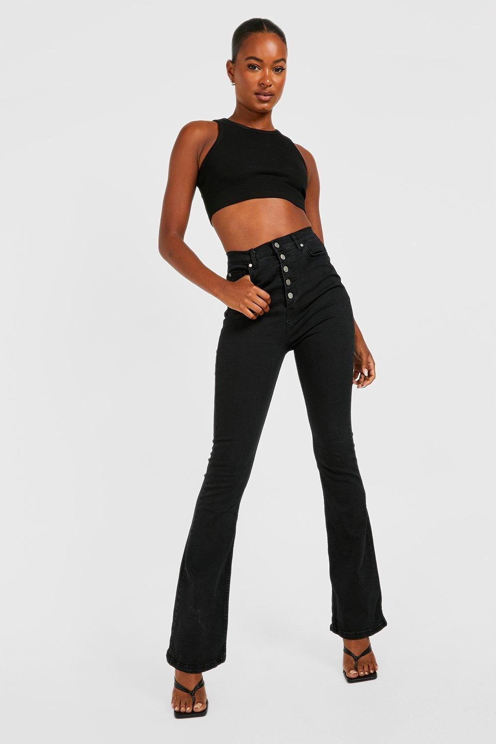 Womens Tall Button Front High Waisted Flared Jeans - Black - 4 | Boohoo.com (US & CA)