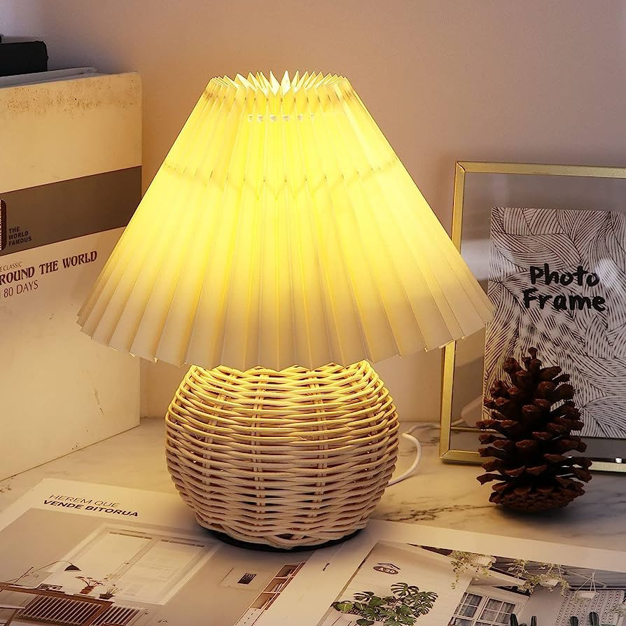 SS SUNSBELL Table Lamp Rattan Pleated Vintage Bedside Lamps, Dimming 3 Light Colors Adjustable Ti... | Amazon (US)