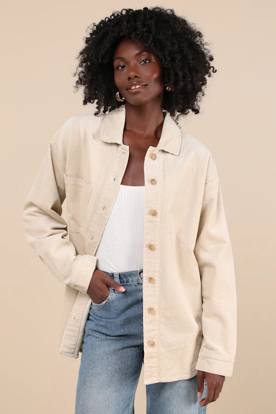 Take the Chill Off Beige Corduroy Shacket | Lulus