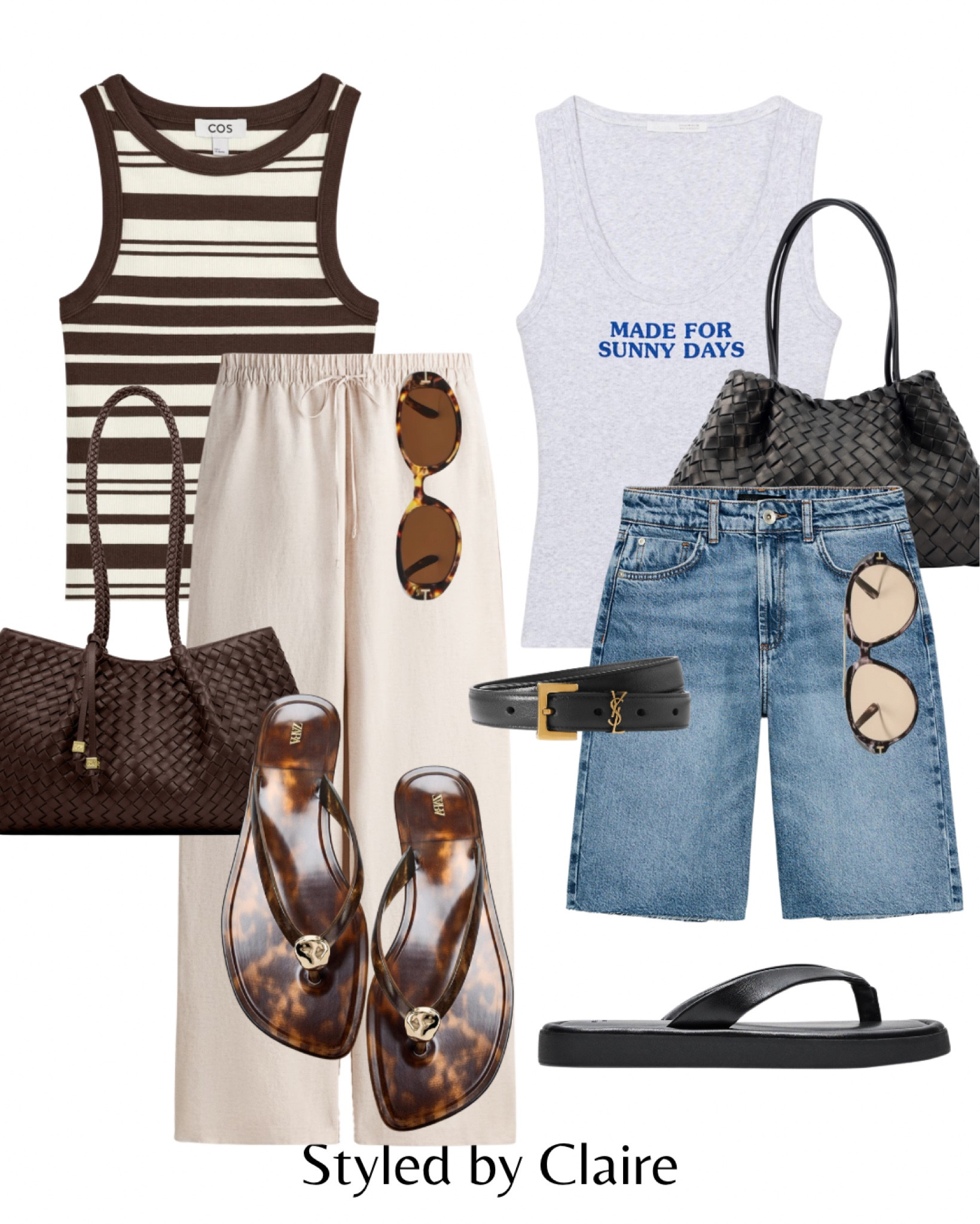 TANK TOPS🤎🖤
Tags: cool girl styling cos brown contrast stripe top chocolate linen trousers flat thong jelly sandals leopard grey tee denim jorts shorts woven bag Elleme sunglasses fashion city break spring summer inspo outfit ideas chic women’s style ootd trending elevated basics 

#LTKstyletip #LTKshoes #LTKsummer