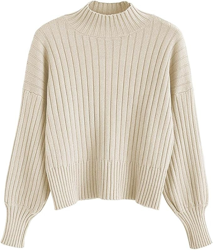 ZAFUL Women's Crew Neck Long Sleeve Pullover Crop Sweater Mock Neck Lantern Sleeve Ribbed Knit Cr... | Amazon (US)