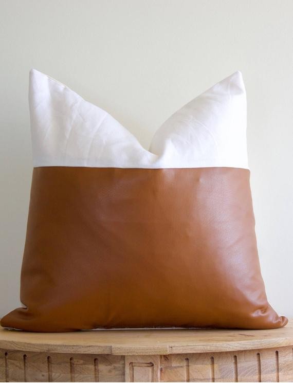 24x24 Faux Leather and White Linen Pillow Cover | Etsy (US)
