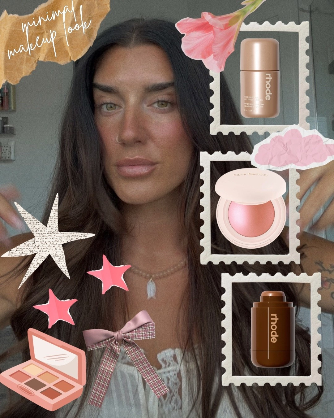 Quick tired mama makeup! Been using these for a summer natural refreshed look!
Shades: 
Rhode highlight milk- pearly warm bronze 
Rhode bronzer stick- bake - sip looks super cute too and not as dark!
Rhode blush- tanline (sold out ) love the new “teacup” 
Rare beauty highlight blush- colour hope/nude mauve 
Huda beauty lip stain - soft nude