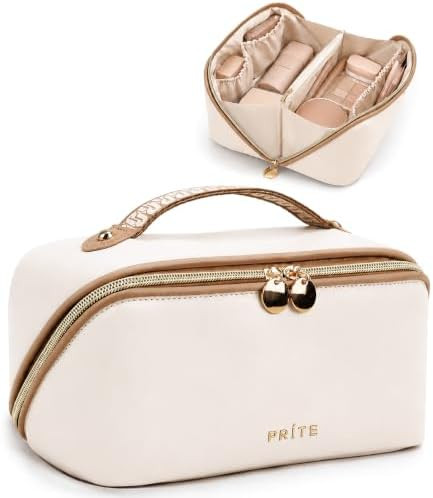 Prite Makeup Bag Travel Toiletry Bag Open Flat Cosmetic Organizer for Women | Clear Divider, 2 Co... | Amazon (US)