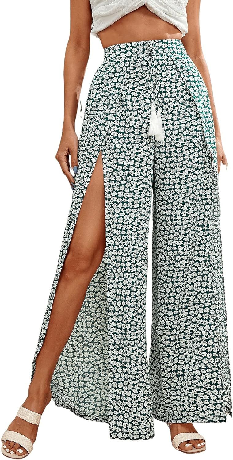 Floerns Women's Ditsy Floral Tie Front Wide Leg Wrap Long Pants | Amazon (US)