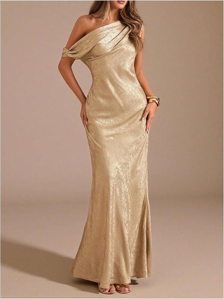 OYOANGLE Women's Metallic Off The Shoulder Bodycon Fishtail Maxi Dress Ruched Party Evening Cockt... | Amazon (US)