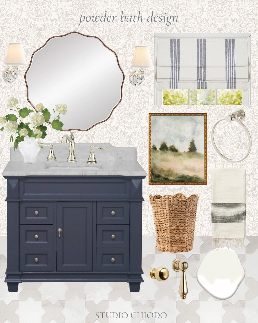 Classic and timeless powder bath! Floor tile is Parma White Polished Star and White Matte Cross 6" Terracotta Look Porcelain Tile. Pain is Simply White by Ben Moore. I recommend swapping the vanity hardware for unlacquered brass knobs and drop pull. 

 #LTKHome