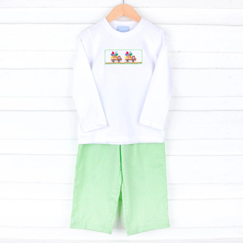 Smocked Turkey Truck Lime Green Gingham Pant Set | Classic Whimsy