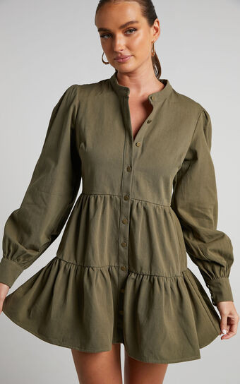 Alesana Mini Dress - Long Sleeve Button Through Tiered Shirt Smock Dress in Khaki | Showpo (US, UK & Europe)