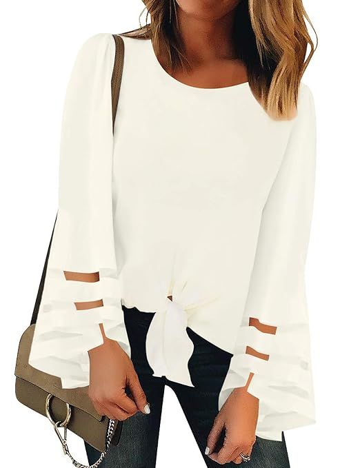 LookbookStore Women's V Neck Mesh Panel Blouse 3/4 Bell Sleeve Loose Top Shirt | Amazon (US)