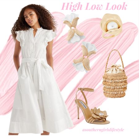 High Low Look! Adore a White, Rattan & Gold Outfit for Spring/Summer events. Classic. Clean. Sharp! 

White Ruffle Sleeve Shirtdress, White Leather & Raffia Rosalie Earrings, Nested Pearl Ring, Mini Pearl Embellished Straw Bucket Bag & Steve Madden Raffia Pearl Detail Flower Stiletto Dress Sandals

Spring Outfit. Summer Outfit. White Dress. Target. Nordstrom. Walmart Fashion. Tuckernuck. 

#LTKfindsunder100 #LTKSeasonal #LTKstyletip