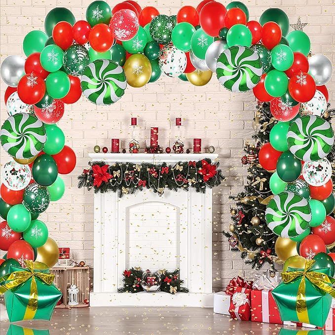 WECEPAR Christmas Balloon Garland Arch kit 187 Pieces with Xmas Green Red Gold Silver Candy Ballo... | Amazon (US)