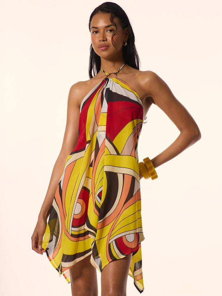 MUSERA Vestido mini con espalda baja drapeada, detalle de anillo en el cuello halter, correas, el... | SHEIN