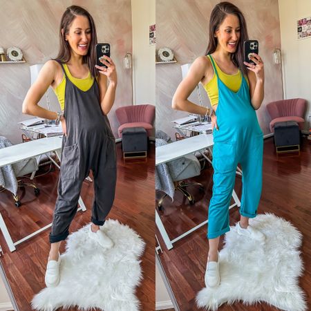 Free People Hot Shot Onesie + a $35 amazon alternative to get the look for less! 🖤 Bump friendly jumpsuit // Dr. Scholl’s shoes // white canvas slip on sneakers // comfy travel outfit 

#LTKbump #LTKunder50 #LTKunder100