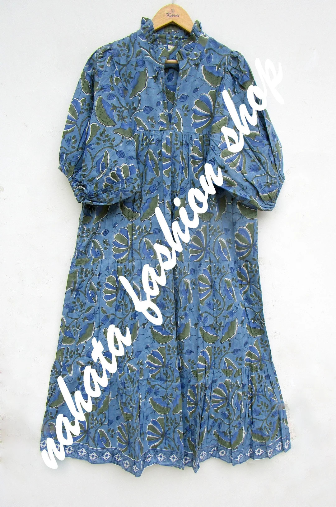 Blue Green Big Flower Printed Cotton Long Maxi Dress V Neckline Maxi Dress 3/4th Sleeve With Butt... | Etsy (US)