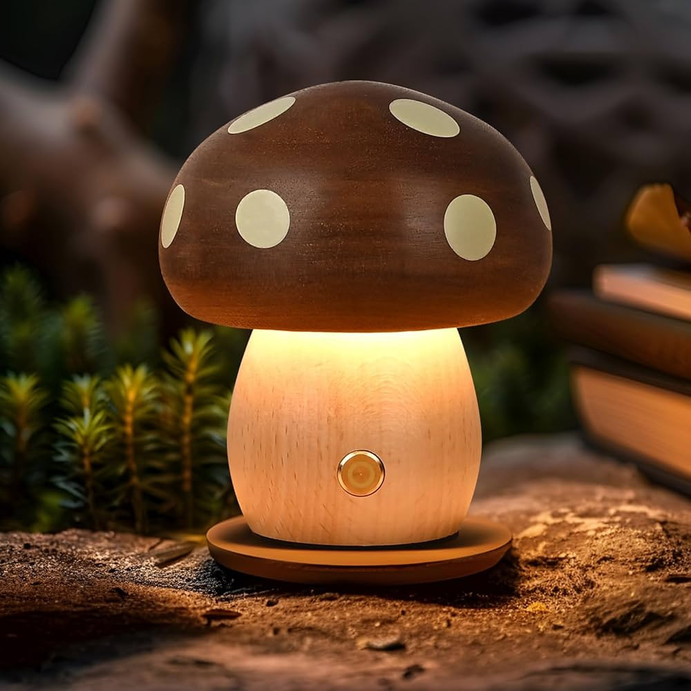 Wooden Mushroom Lamp - Rechargeable Touch Mushroom Light, Aesthetic Bedside Night Light Nature De... | Amazon (US)