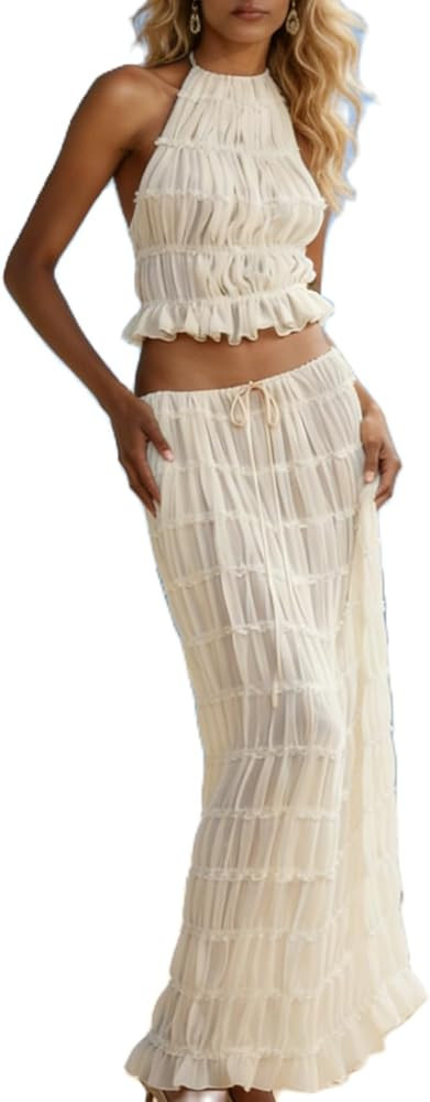 Womens 2 Piece Maxi Skirt Set Lace Up Sleeveless Tank Top and Flowy Long Skirt 2024 Summer Beach ... | Amazon (US)