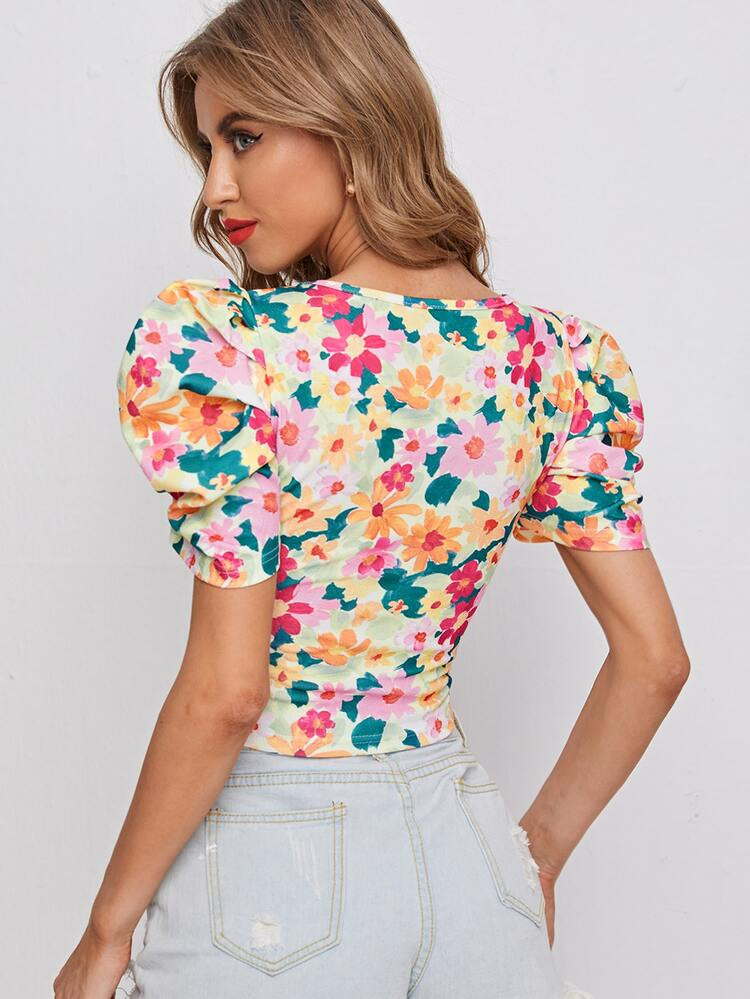 SHEIN Puff Sleeve Allover Floral Print Top | SHEIN