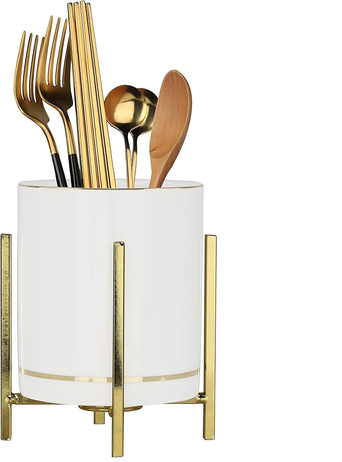 Fork and Spoon Holder Cute, Gold Spoon Stand, Countertop Silverware Holder, Small Utensil Holder ... | Amazon (US)