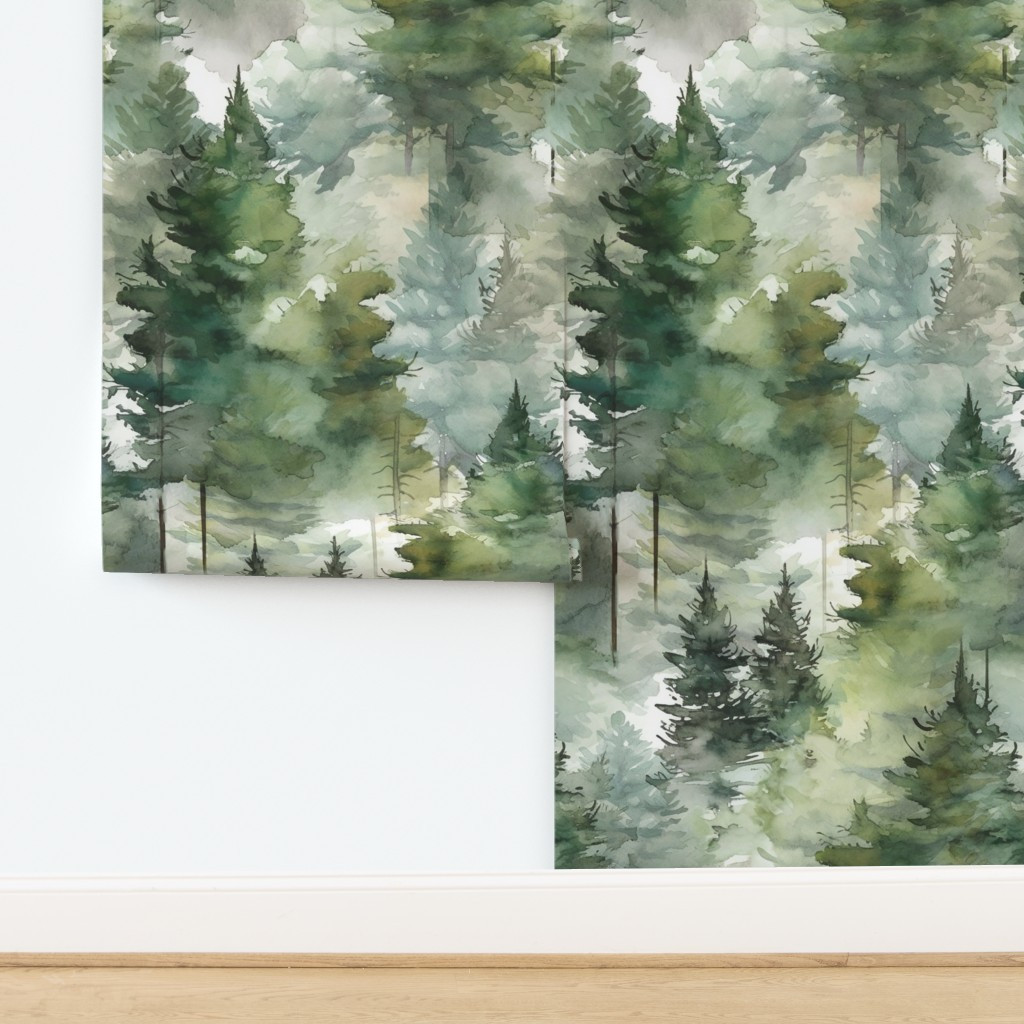 Wallpaper in Dreamy Watercolor Evergreen Conifer Pine Trees Forest Medium Cabin Lodge | Spoonflower